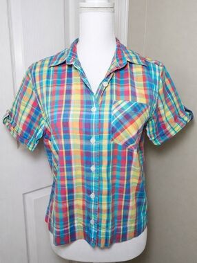 Erika Colorful Plaid Shirt Small Boxy Cotton Madras 90s Y2K Casual Preppy